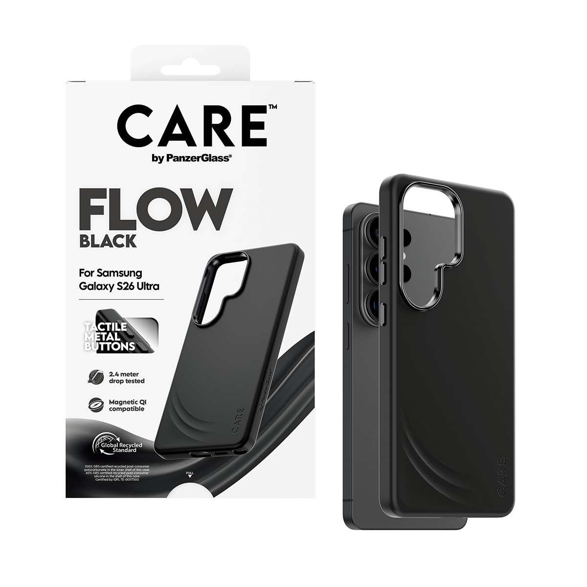 Samsung Galaxy S26 Ultra için siyah telefon kılıfı, CARE logosu ve ambalajlı.