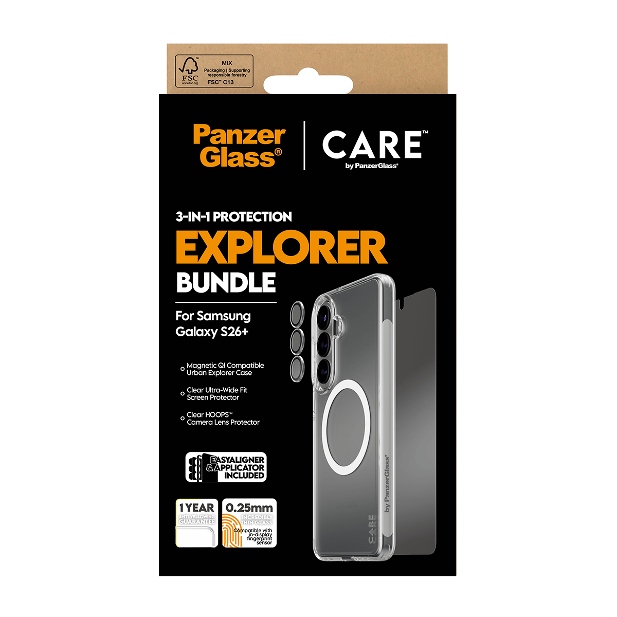 Bundle Explorer PanzerGlass per Samsung Galaxy S26+ con cover, protezione schermo e lente.