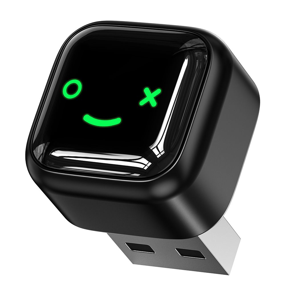Czarny pendrive z cyfrową twarzą przypominającą uśmiechniętą buźkę.