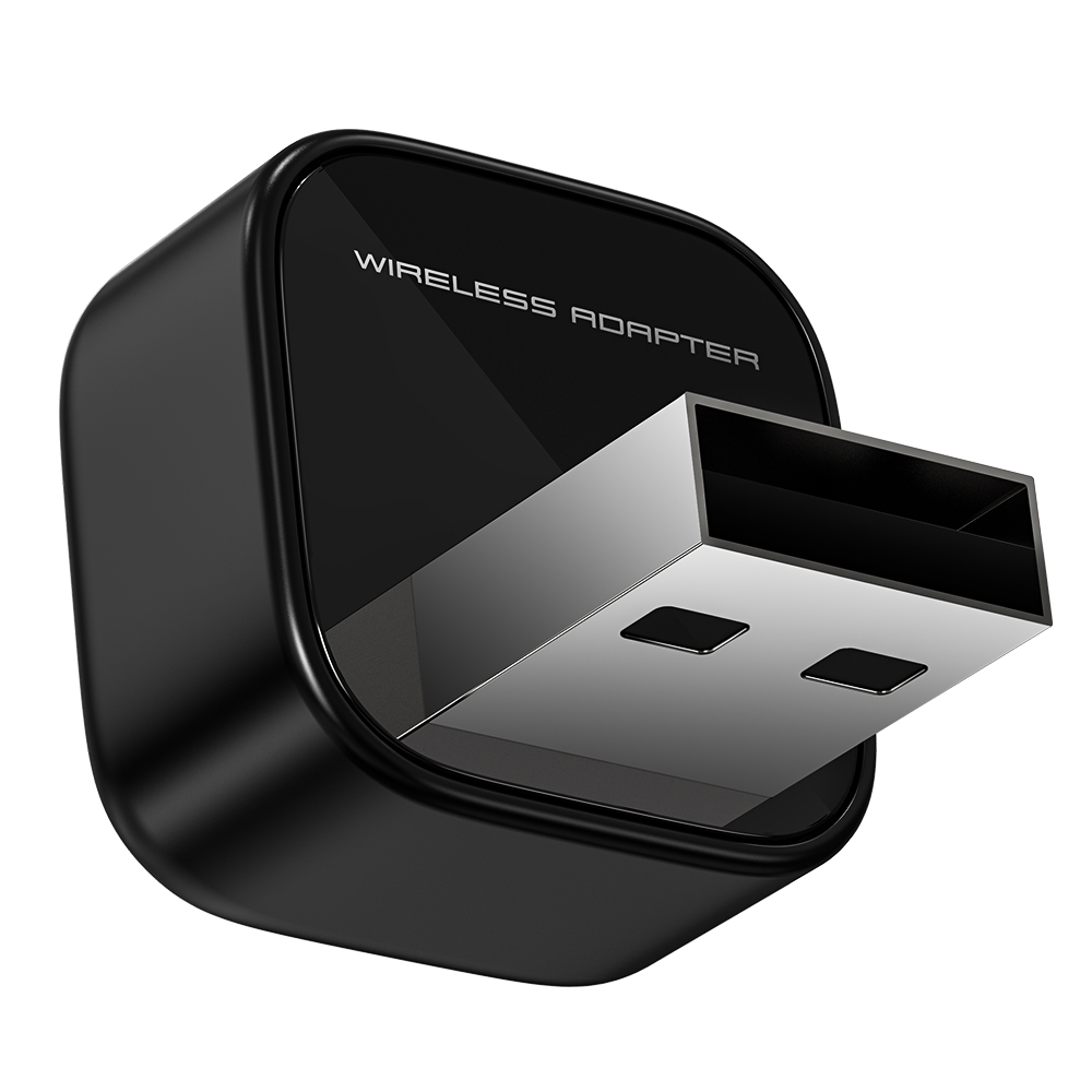 Czarny adapter bezprzewodowy ze złączem USB na białym tle.