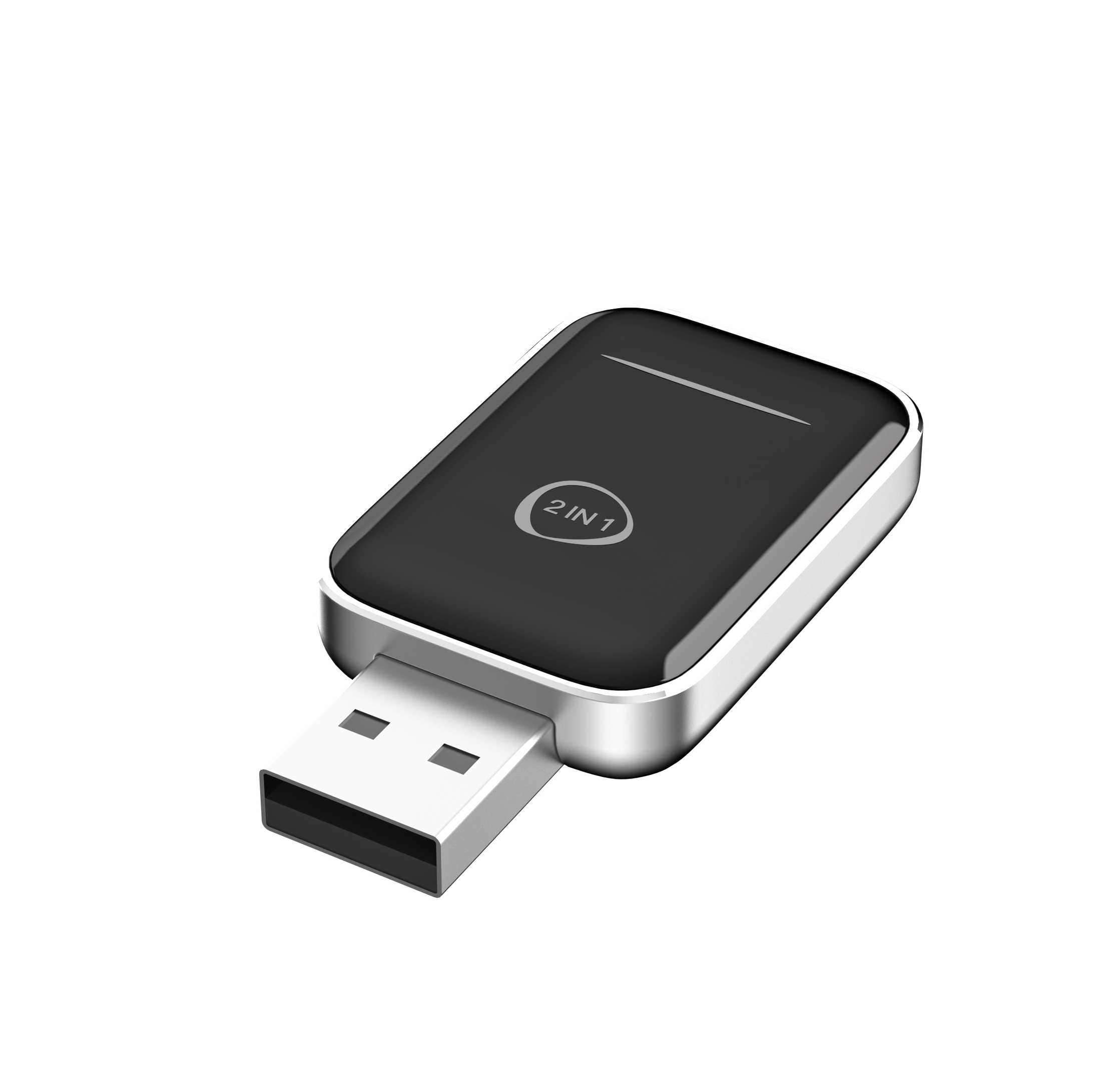 Czarny pendrive z srebrną krawędzią i logo "2 IN 1".