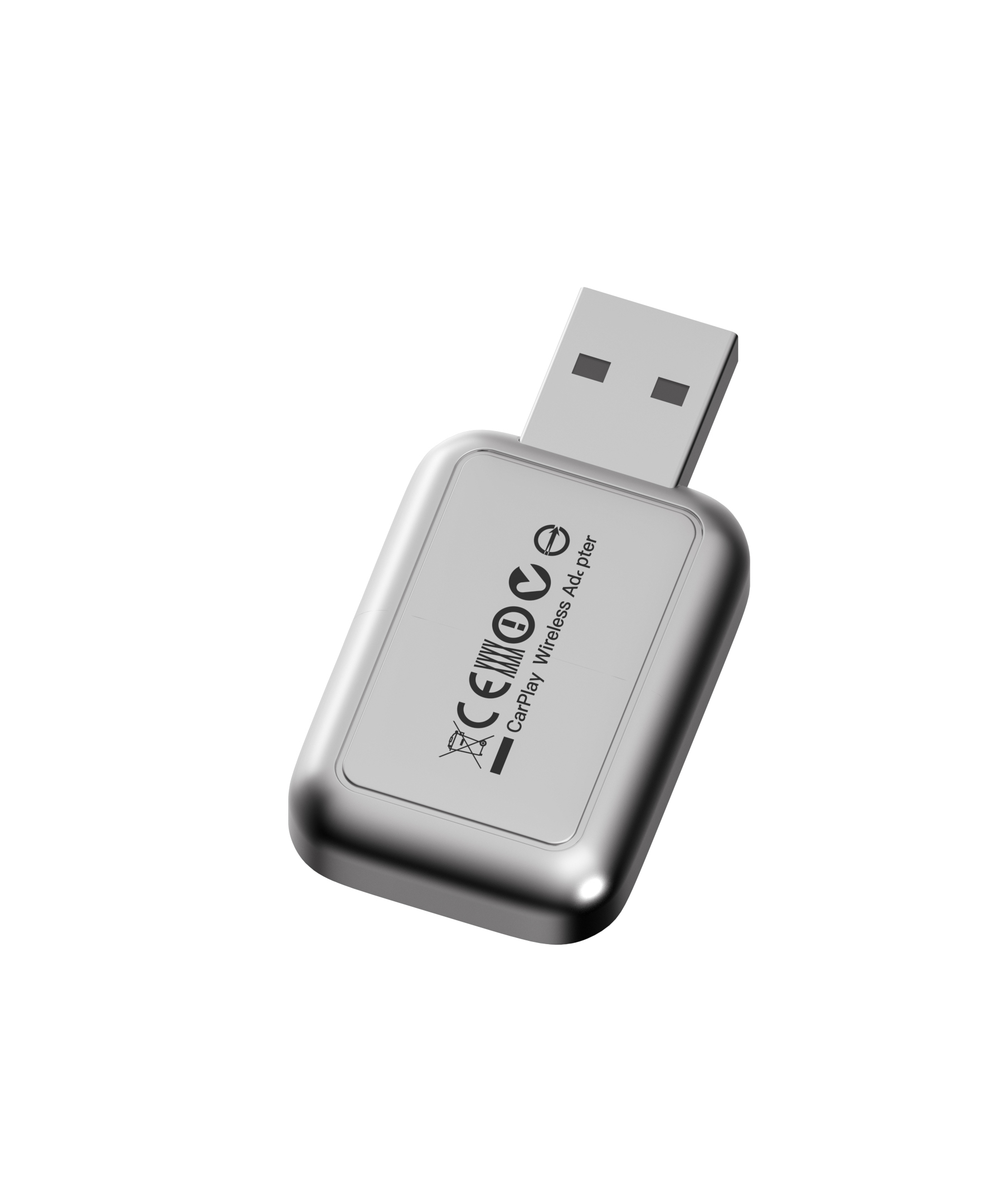Srebrny adapter USB ze znakami CE i CarPlay.