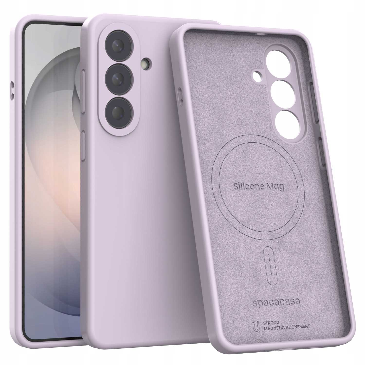 Jasnofioletowe etui na telefon otacza smartfon. Wnętrze pokazuje detale MagSafe.