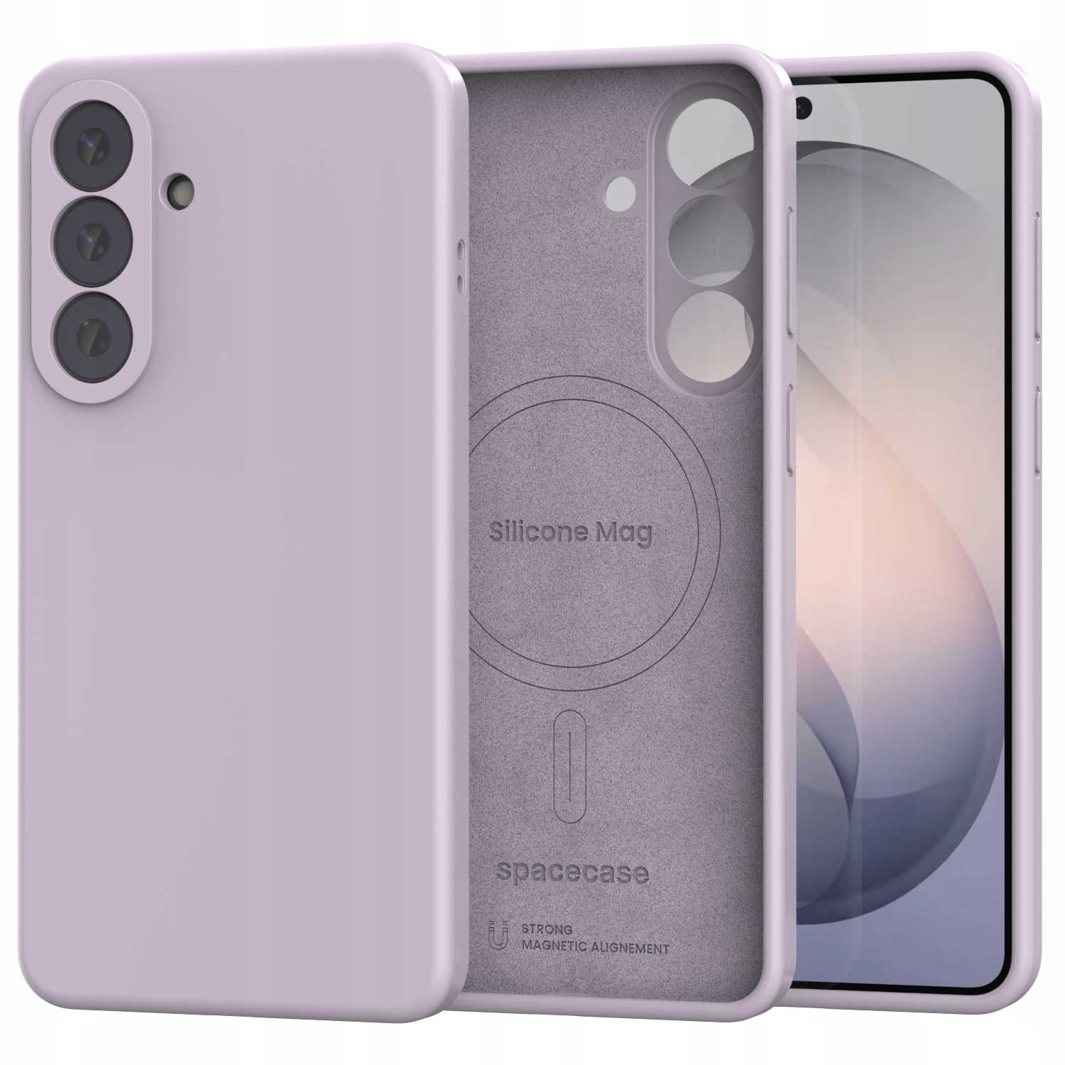 Jasnofioletowe etui na telefon z trzema obiektywami i magnetycznymi oznaczeniami.