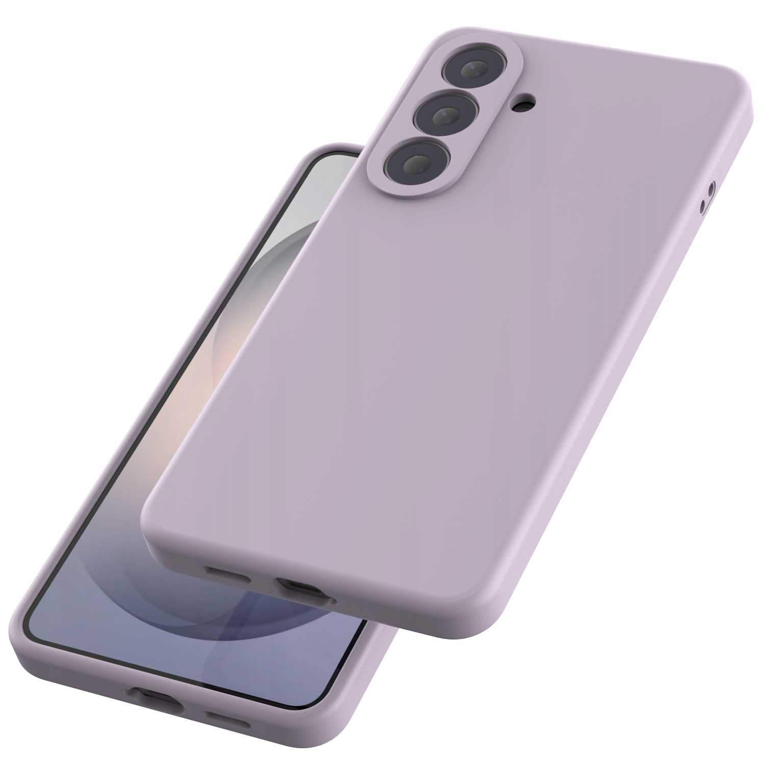 Liliowy telefon z trzema aparatami, leżący na innym telefonie.