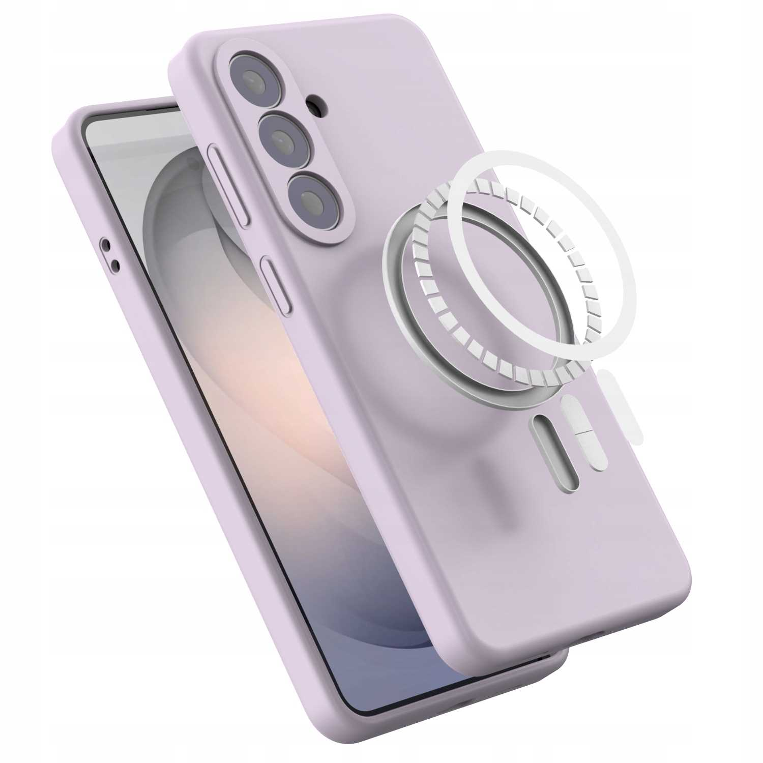 Fioletowe etui na telefon z magnetycznym pierścieniem jest pokazane na telefonie.