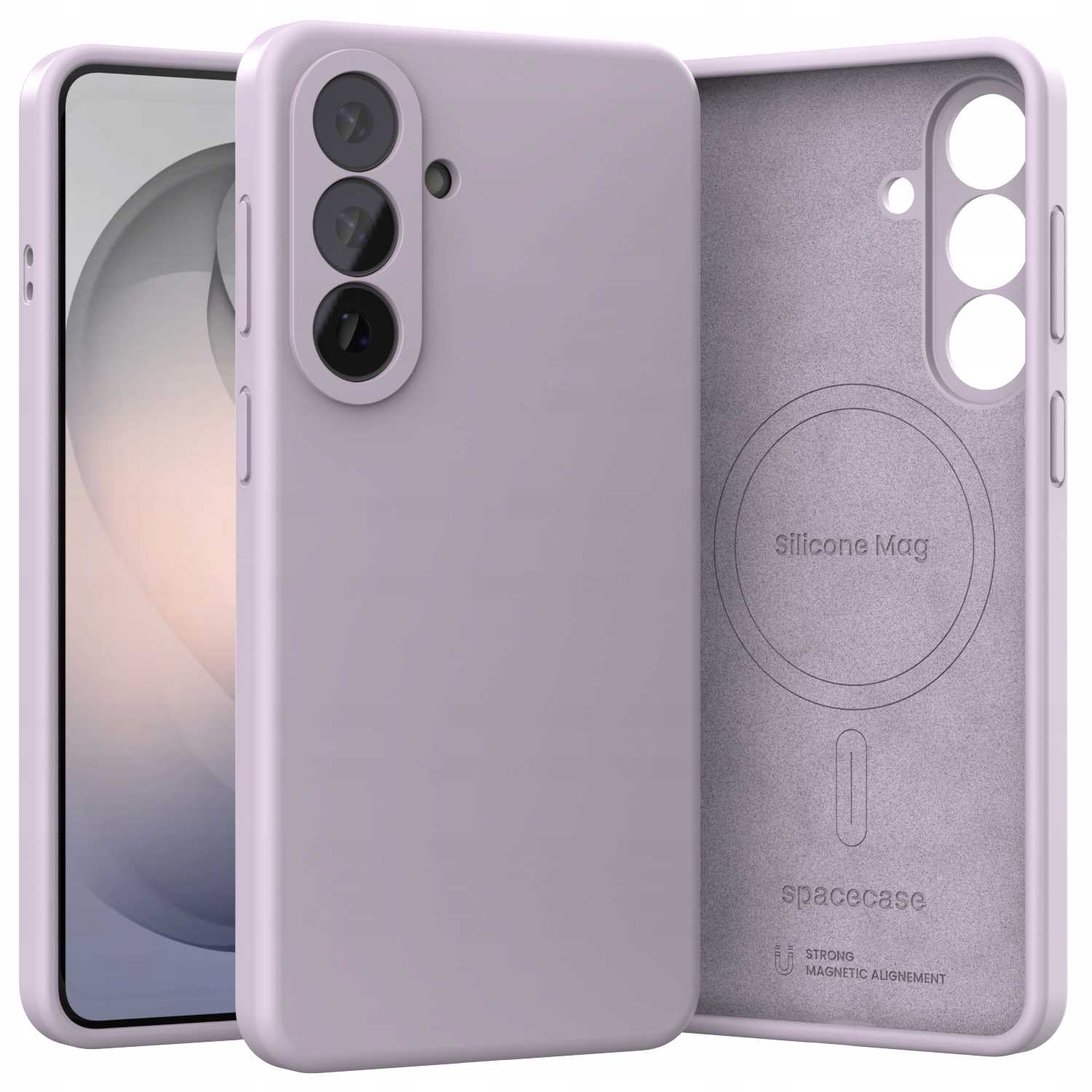 Fioletowe etui silikonowe na telefon z potrójnym systemem aparatów z tyłu.