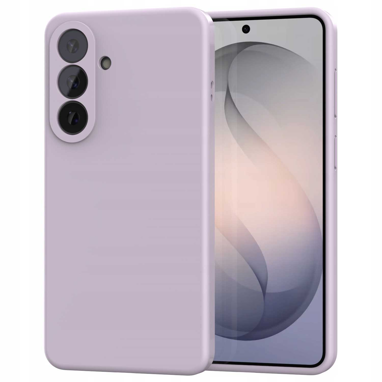 Liliowa obudowa na telefon obok smartfona z potrójnym aparatem.