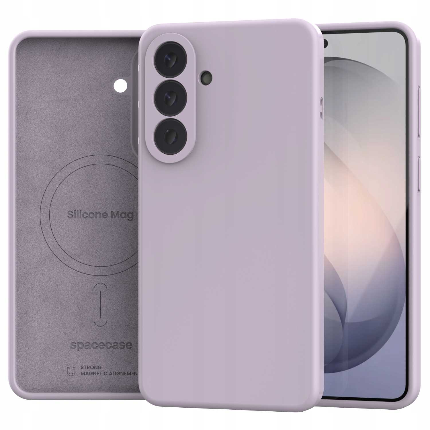 Liliowa obudowa na telefon z modułem aparatu i wewnętrznym pierścieniem magnetycznym.
