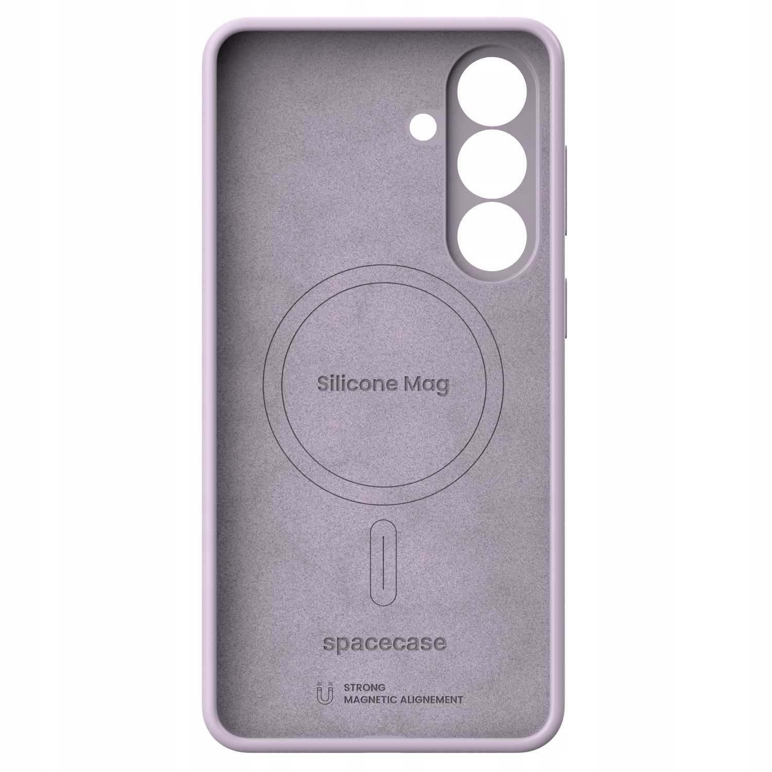 Fioletowe etui na telefon z wycięciami na aparat i wewnętrznym pierścieniem magnetycznym.