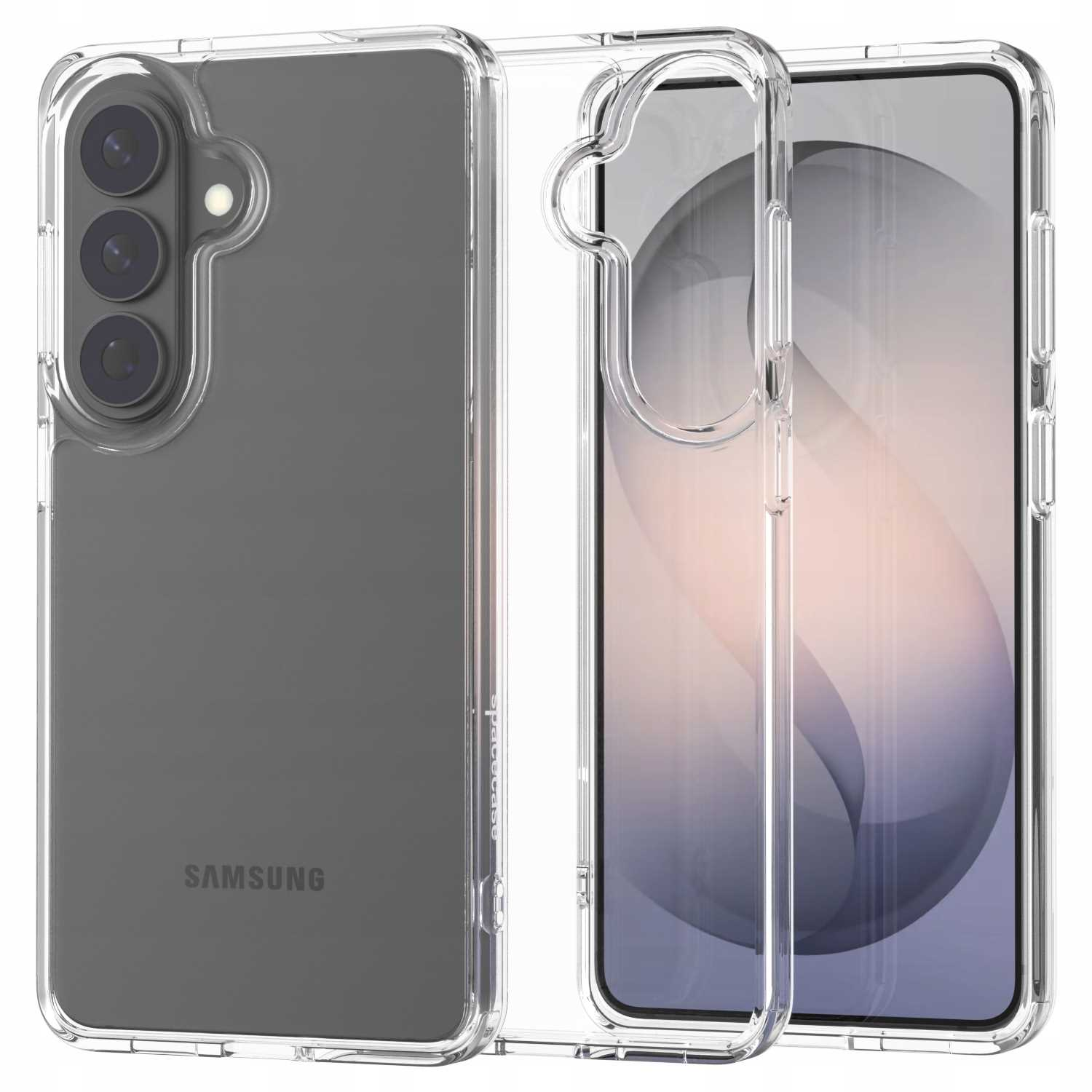 Przezroczyste etui na telefon ukazuje smartfon Samsung z trzema aparatami.