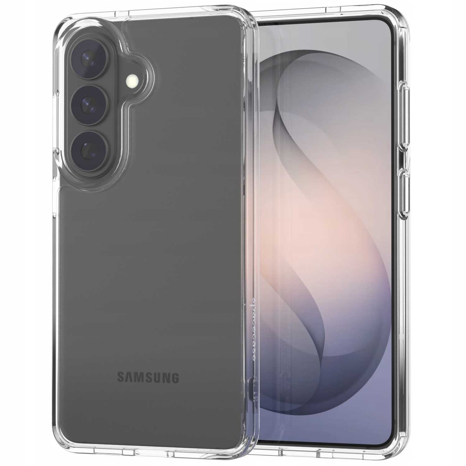 Przezroczyste etui na telefon z trzema obiektywami aparatu i logo Samsung.