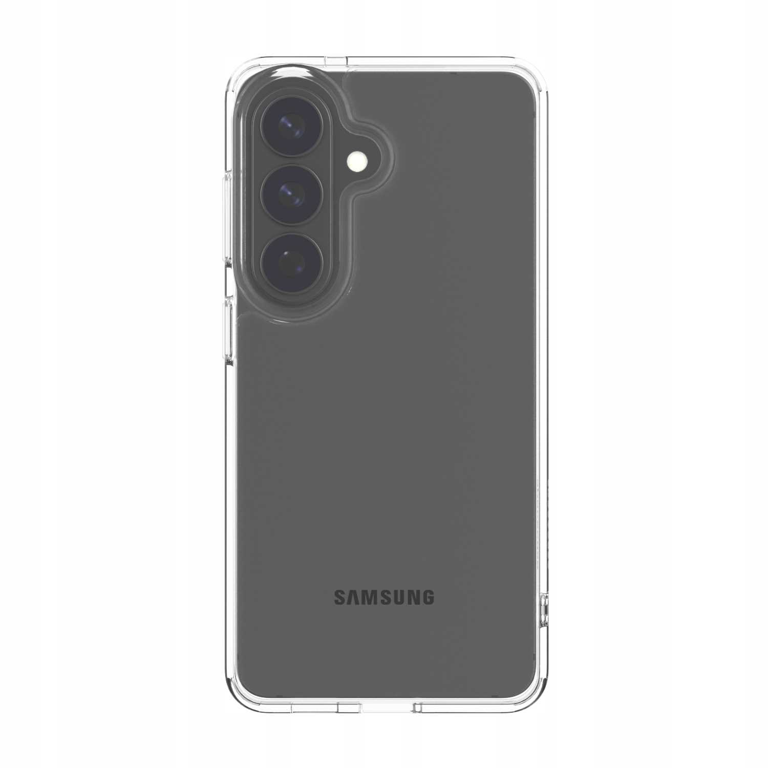 Przezroczyste etui na telefon z potrójnym aparatem i lampą błyskową, logo Samsung.
