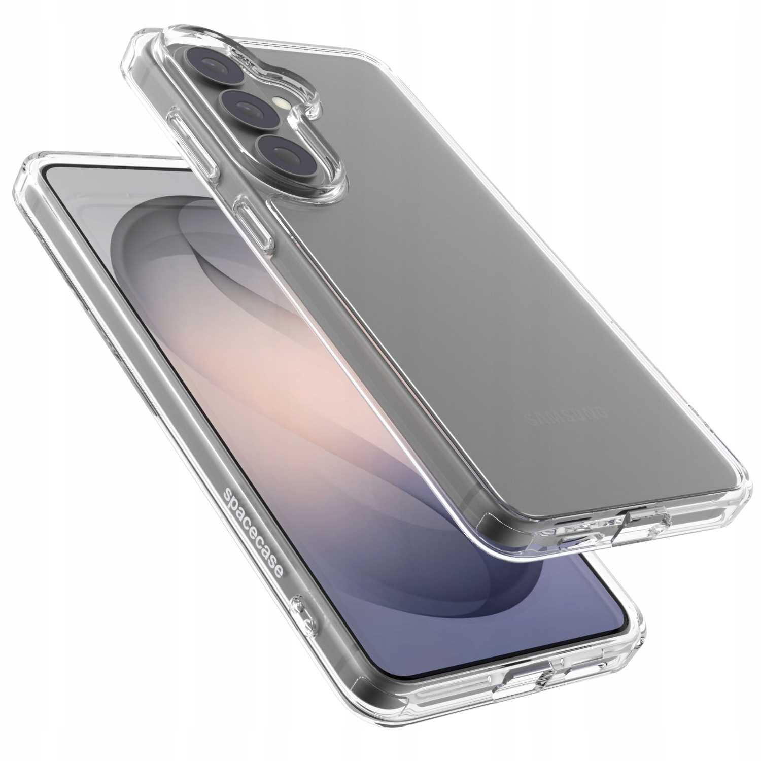 Przezroczyste etui na telefon z potrójnym aparatem i napisem Spacecase.