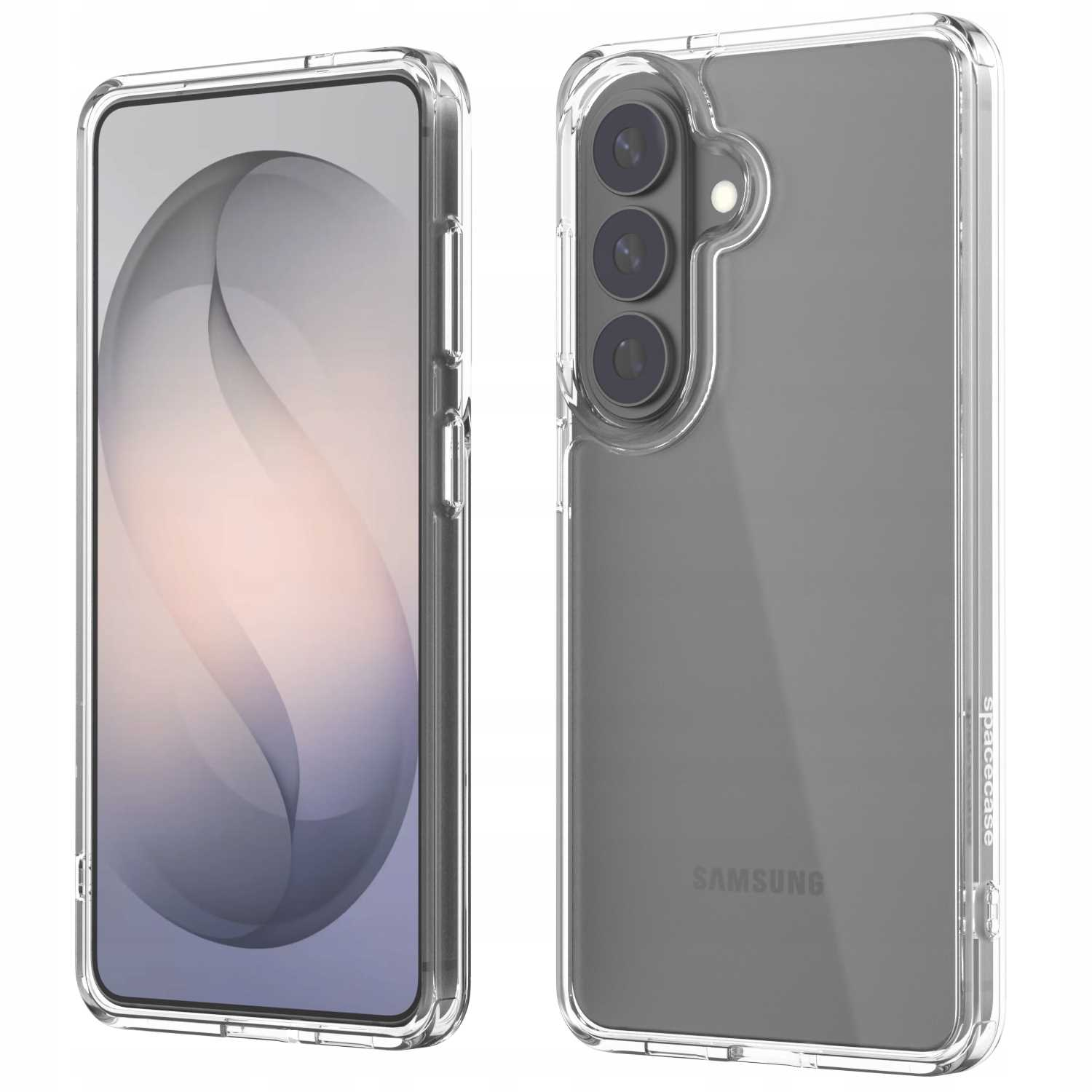 Przezroczyste etui na telefon pokazujące smartfon z trzema aparatami.