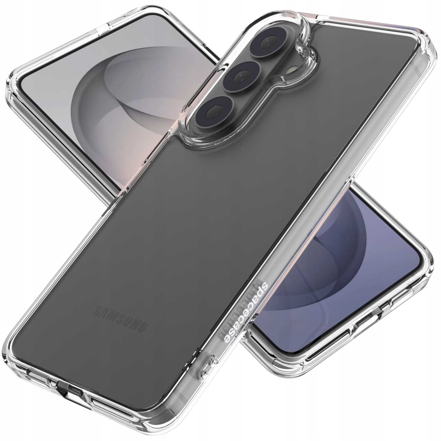 Przezroczyste etui na telefon z trzema aparatami i logo Samsung.
