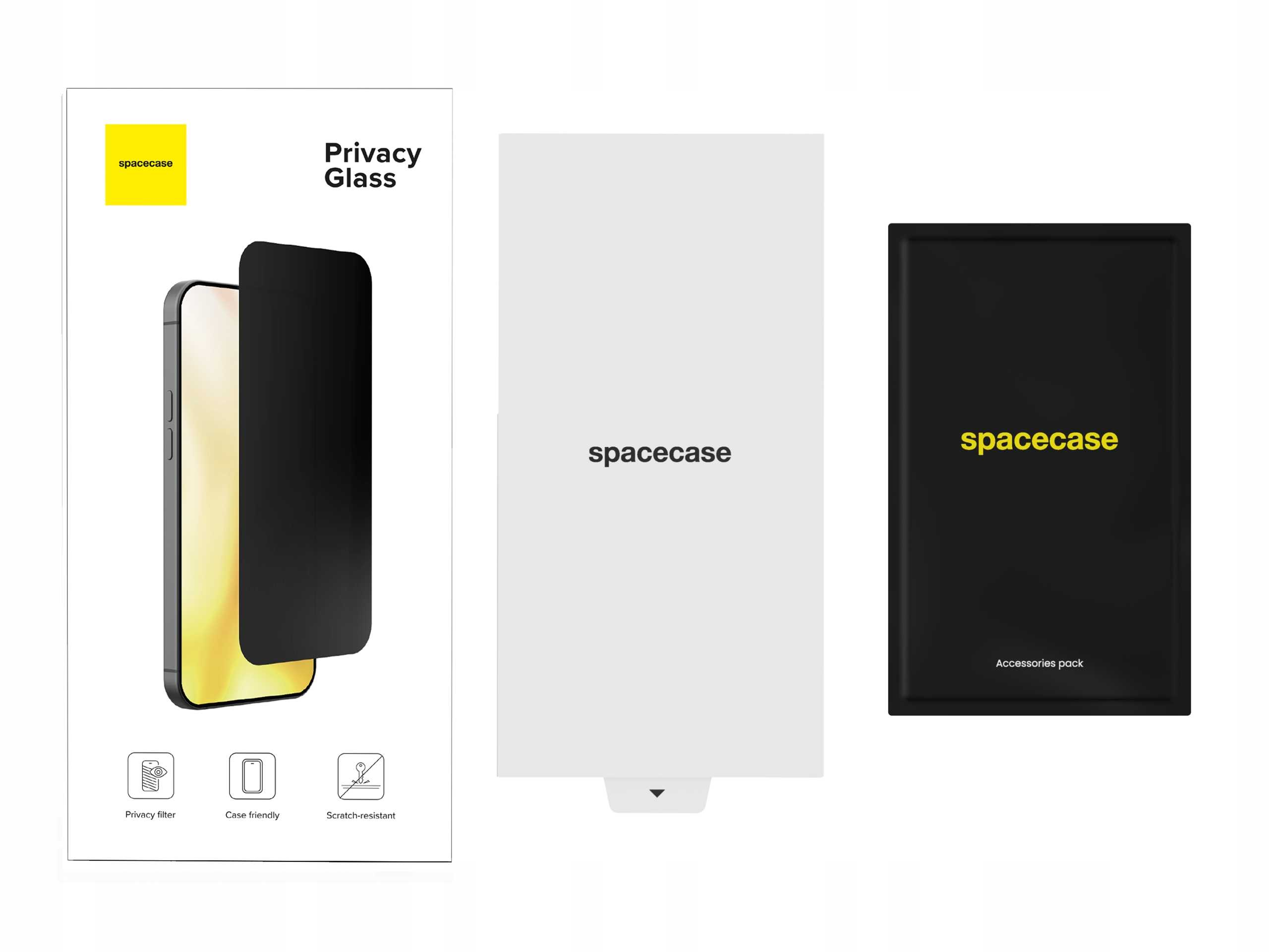 Folia ochronna Spacecase na ekran prywatności do smartfonów z akcesoriami.