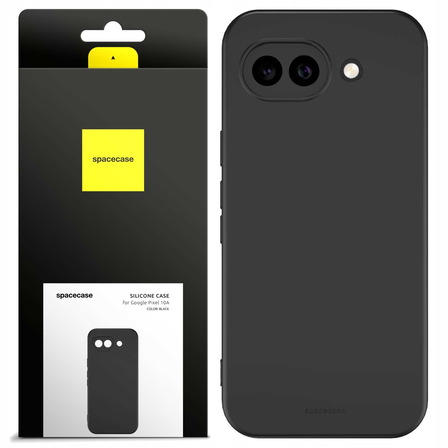 Czarne silikonowe etui na Google Pixel 10A na opakowaniu. Widok z tyłu.