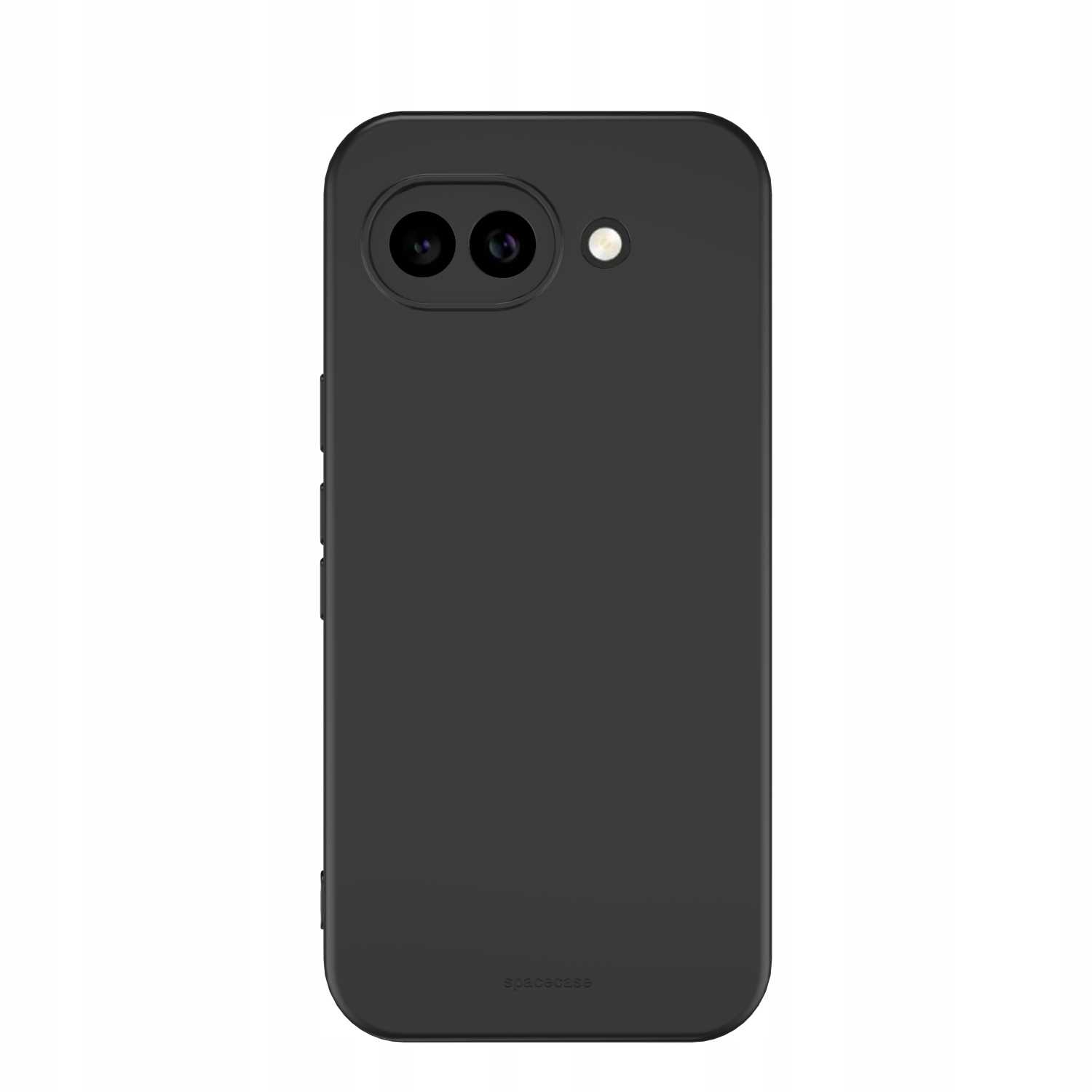 Czarne etui na telefon z dwoma obiektywami i lampą błyskową, na białym tle.