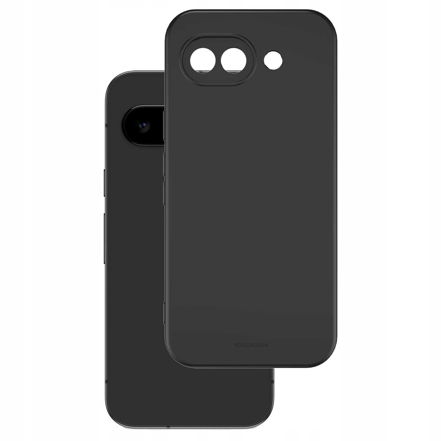 Dwa czarne etui na telefon, jedno za drugim, z wycięciami na aparat.