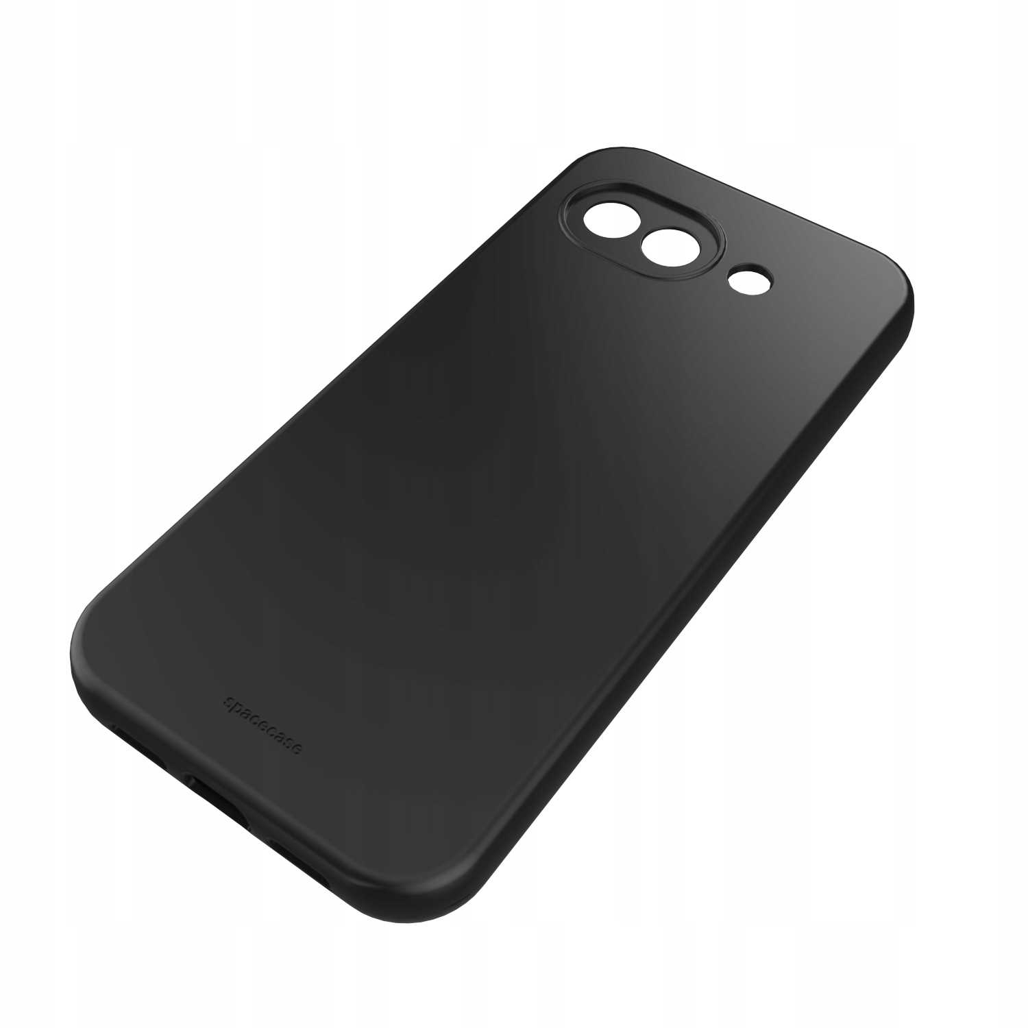 Czarne etui na telefon z wycięciem na aparat i logo na białym tle.