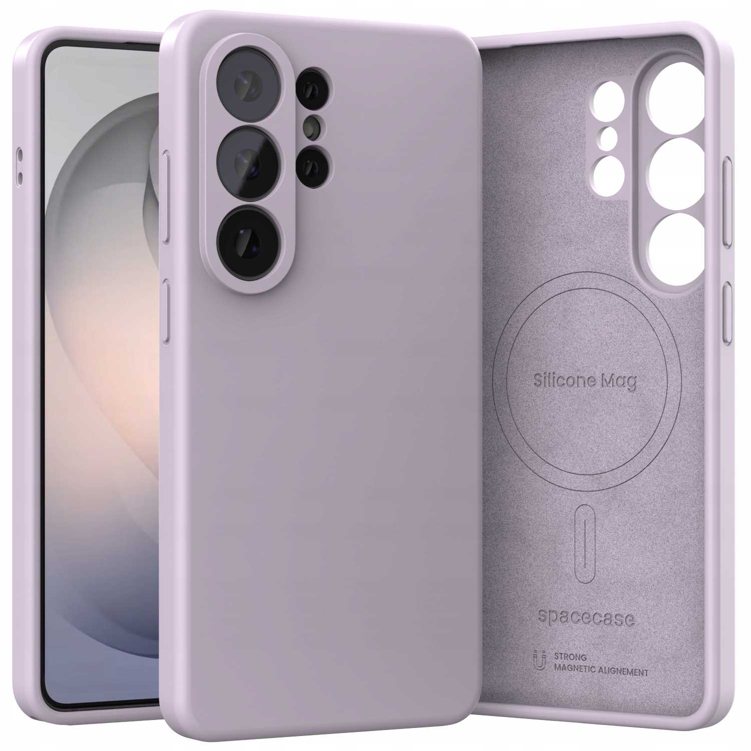 Liliowa silikonowa obudowa na telefon z wycięciem na aparat i magnetycznym wyrównaniem.