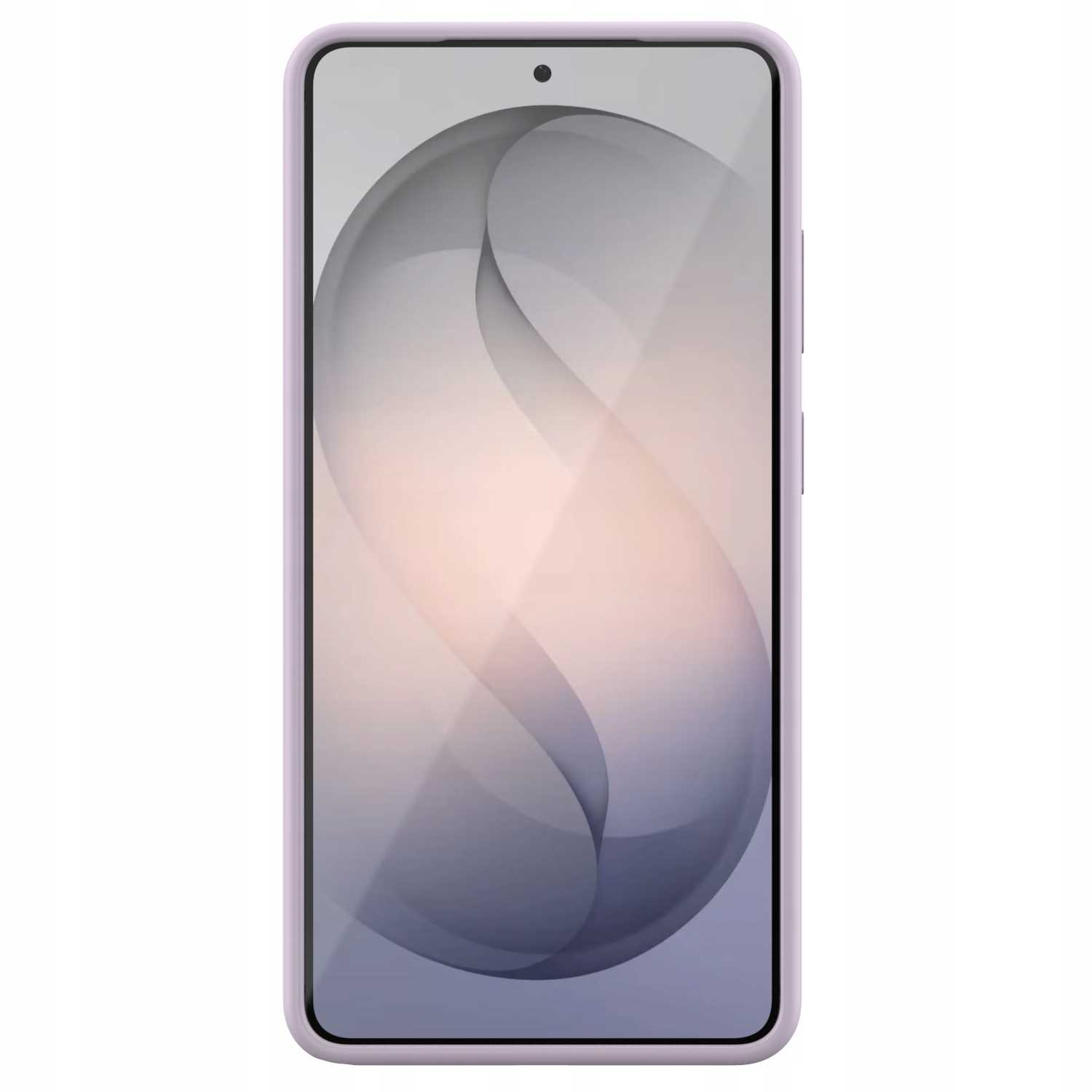 Fioletowy smartfon z abstrakcyjną, falistą tapetą.