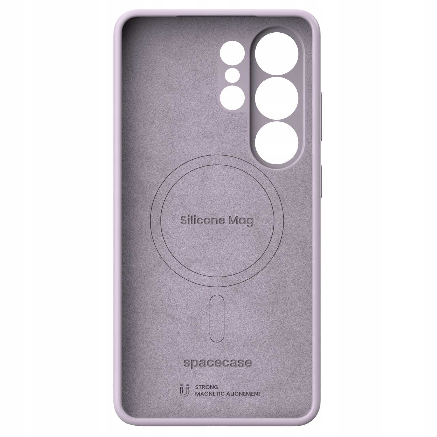 Fioletowe etui na telefon z wycięciami na aparat i oznaczeniem wyrównania magnetycznego.