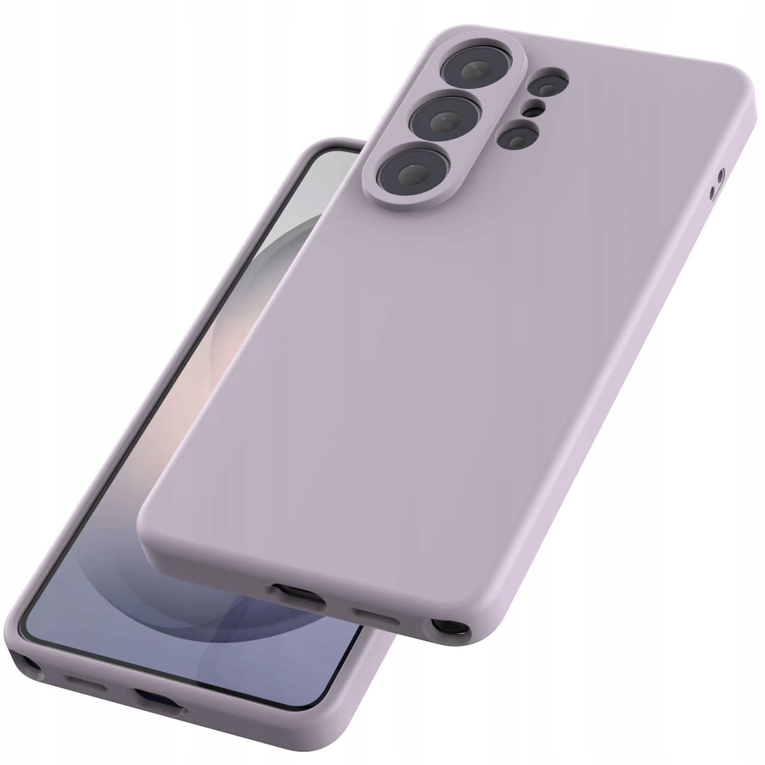 Jasnofioletowy telefon z etui posiadającym trzy aparaty z tyłu.