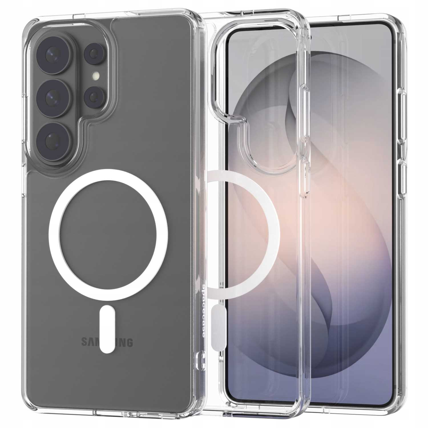 Przezroczyste etui MagSafe do telefonu Samsung, kamery i logo.