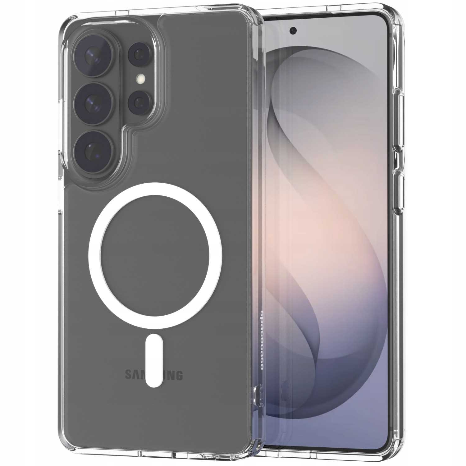 Przezroczyste etui z pierścieniem MagSafe na smartfonie z modułem aparatu.