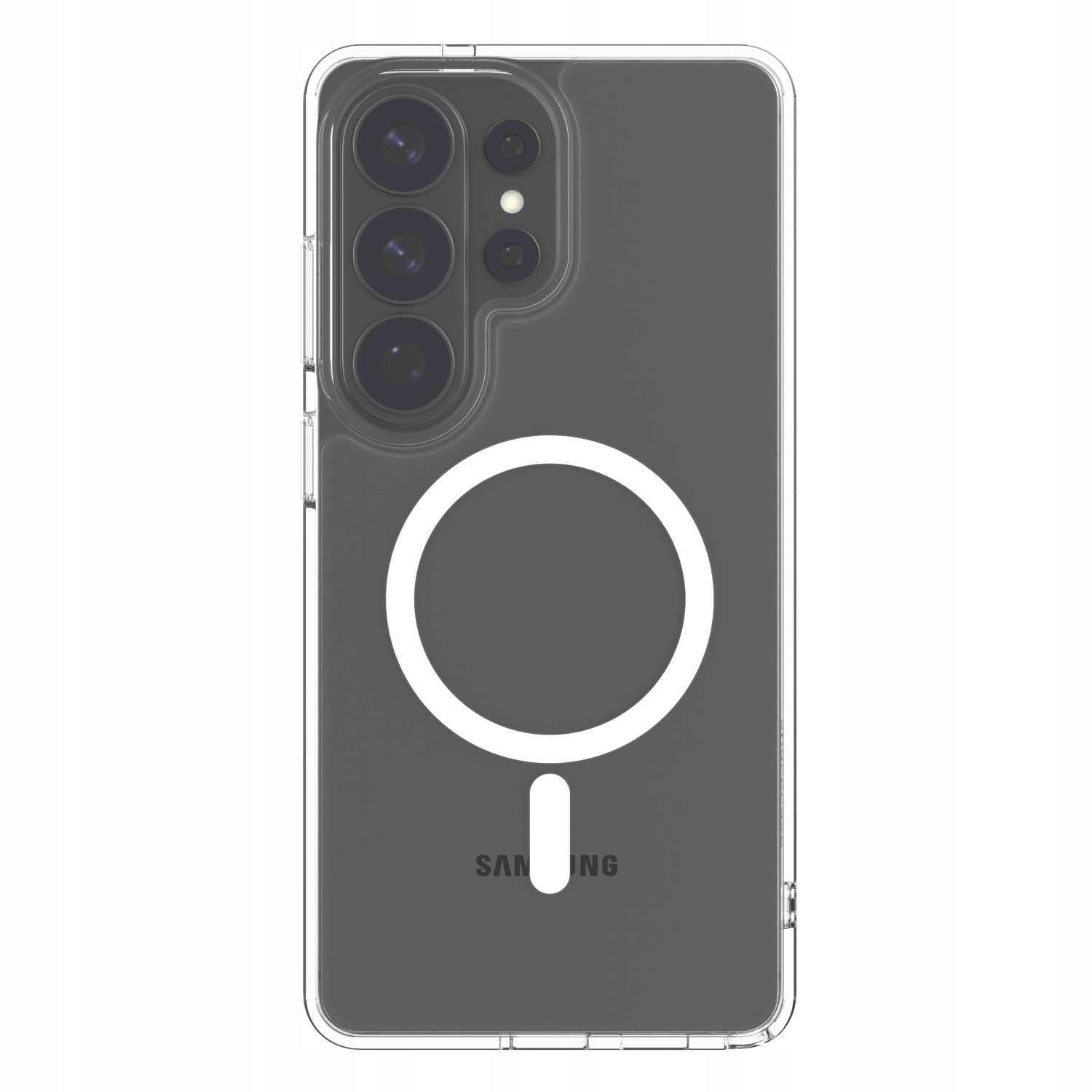 Przezroczyste etui na telefon z trzema aparatami i białym kołem.