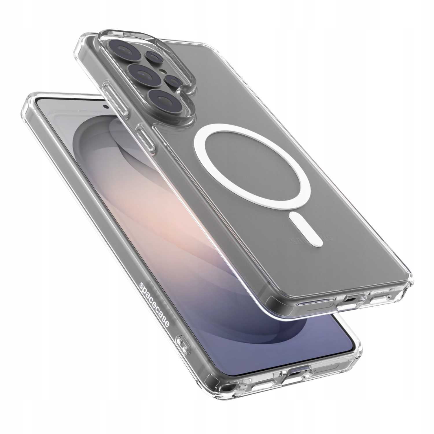 Przezroczyste etui na telefon z pierścieniem MagSafe i wycięciem na aparat.