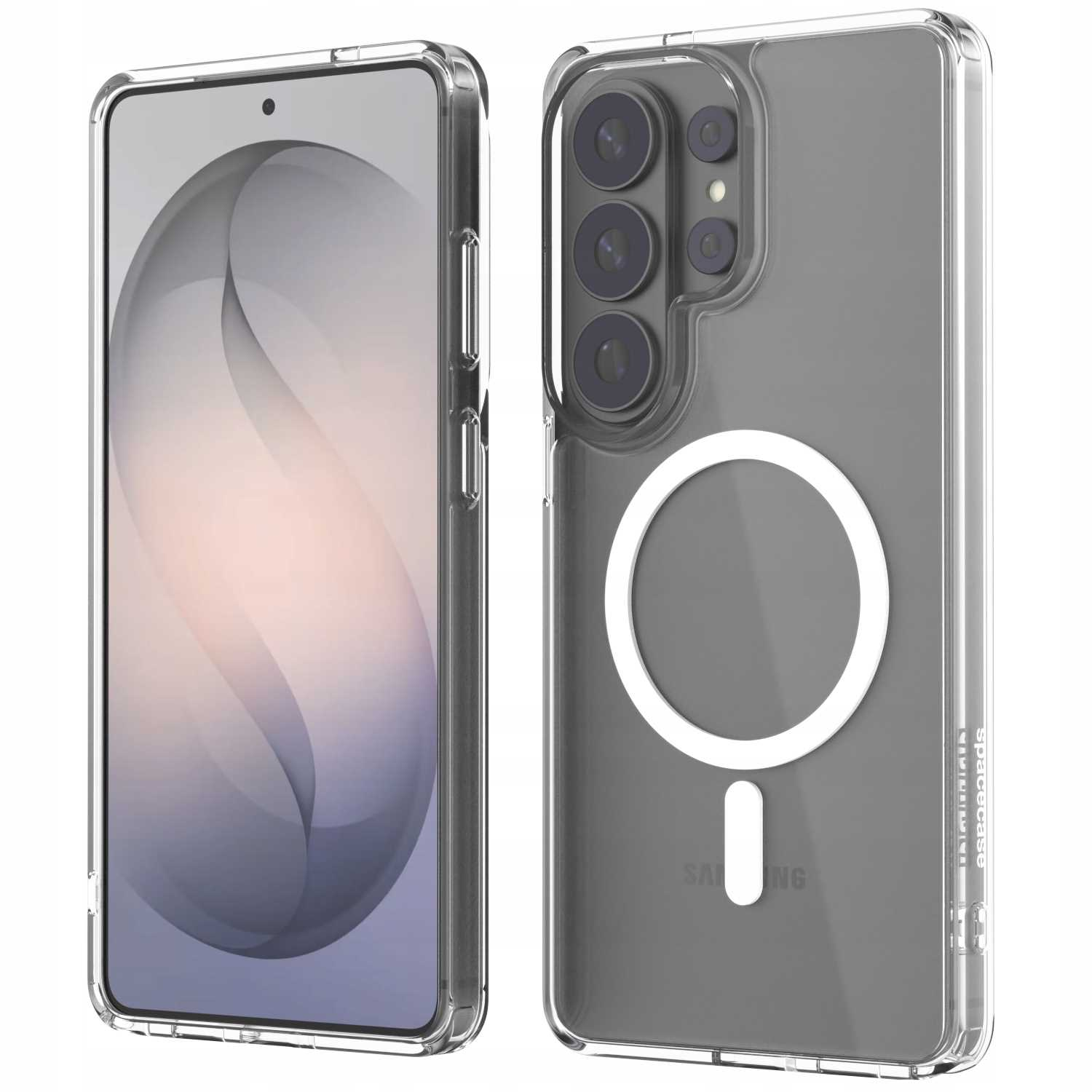 Przezroczyste etui na telefon z pierścieniem z tyłu i obiektywami.