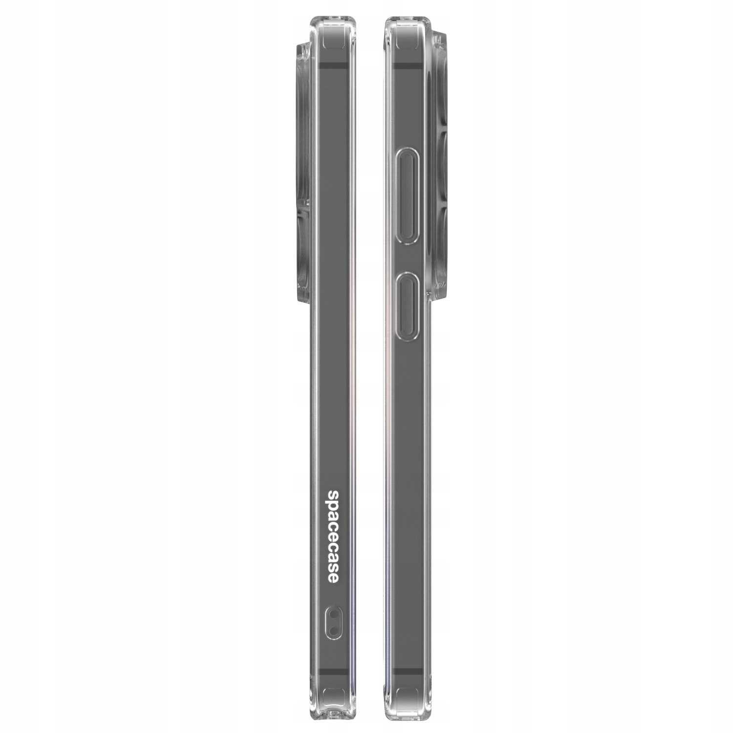 Dwa przezroczyste etui na telefon obok siebie na białym tle.