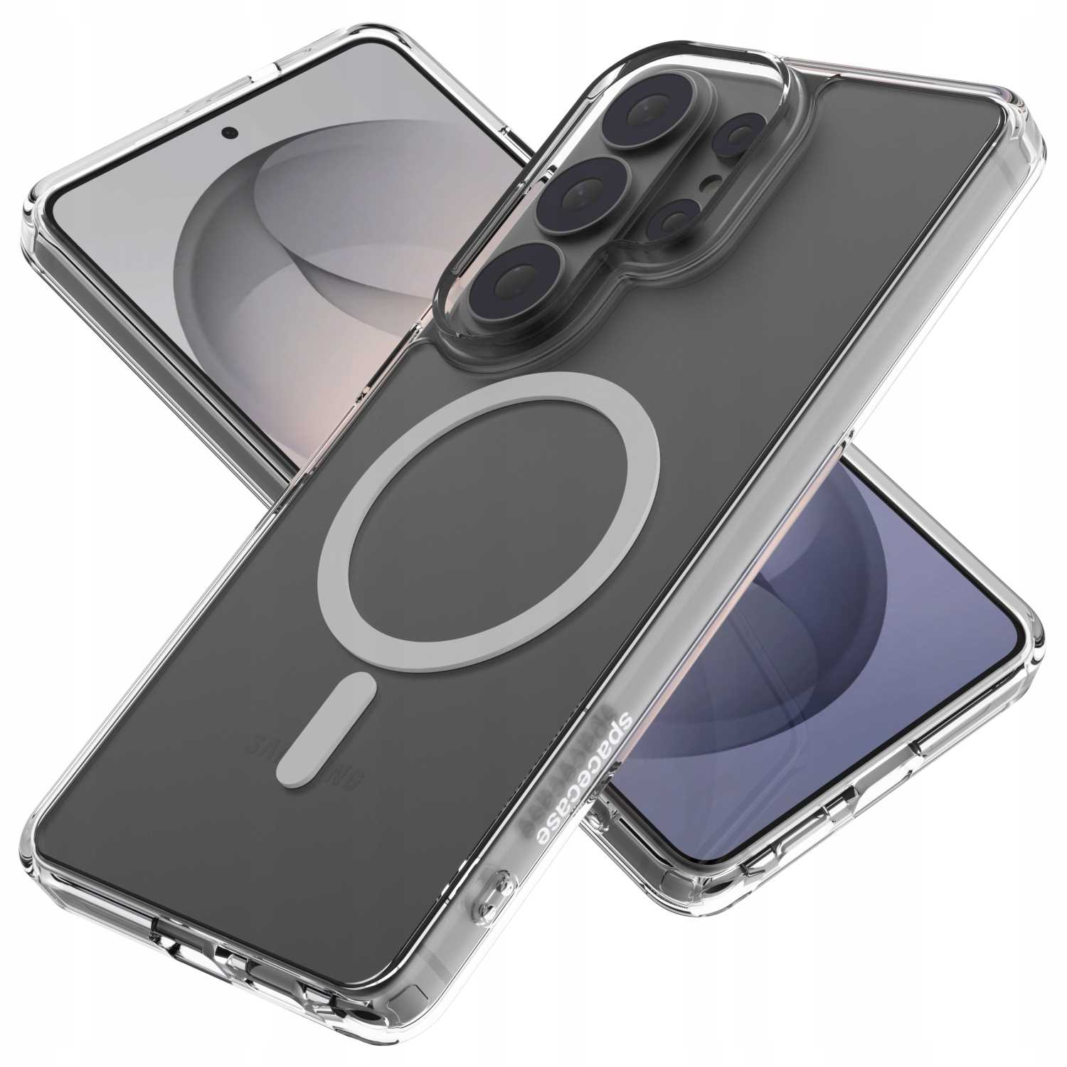 Przezroczyste etui na telefon z modułem kamery i pierścieniem magnetycznym. Na telefonie.