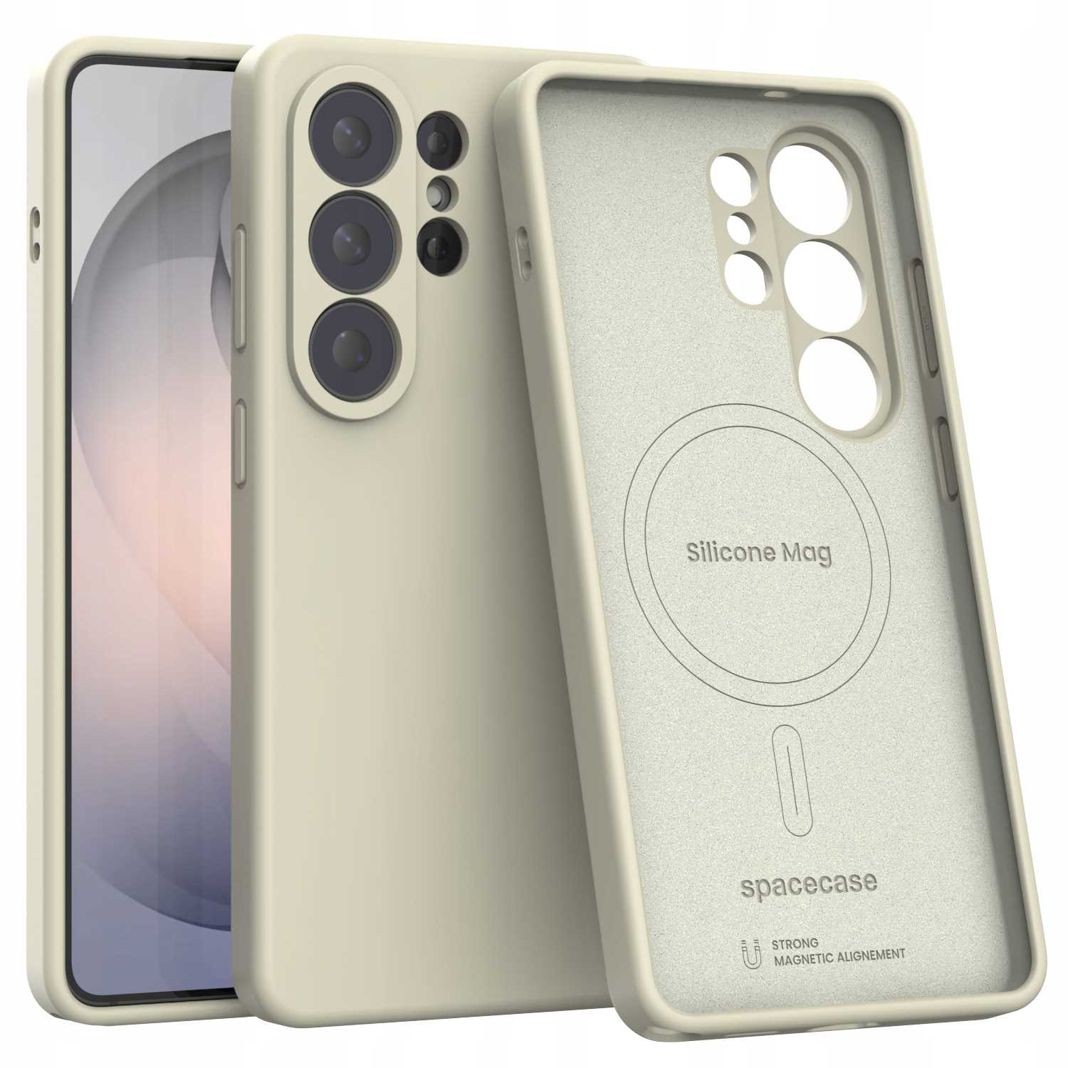Beżowe etui na telefon z wyspą aparatów i magnesami MagSafe.