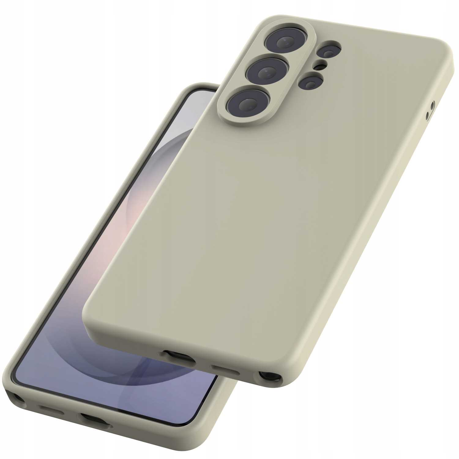 Jasnozielone etui na telefon leży na smartfonie. Etui ma trzy aparaty.