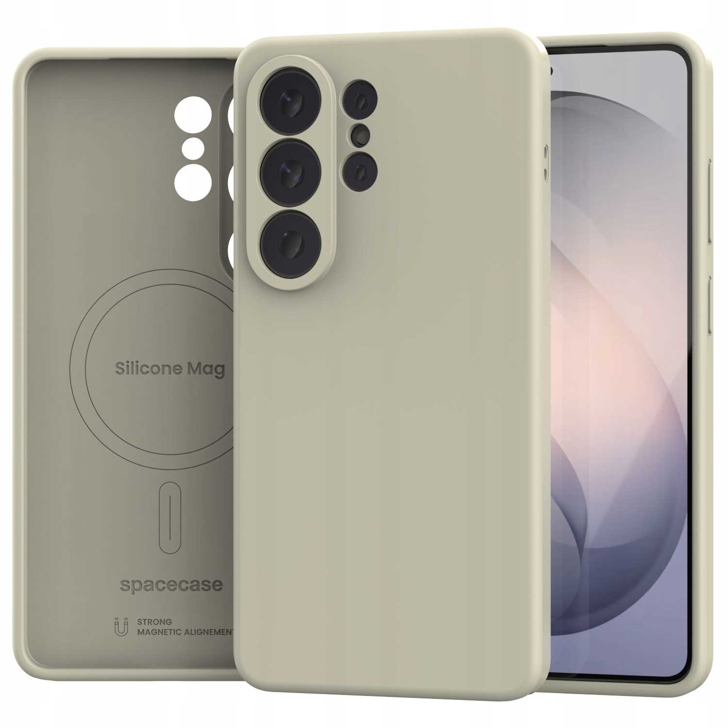 Beżowe etui na telefon z wycięciem na aparat i pierścieniem magnetycznym.
