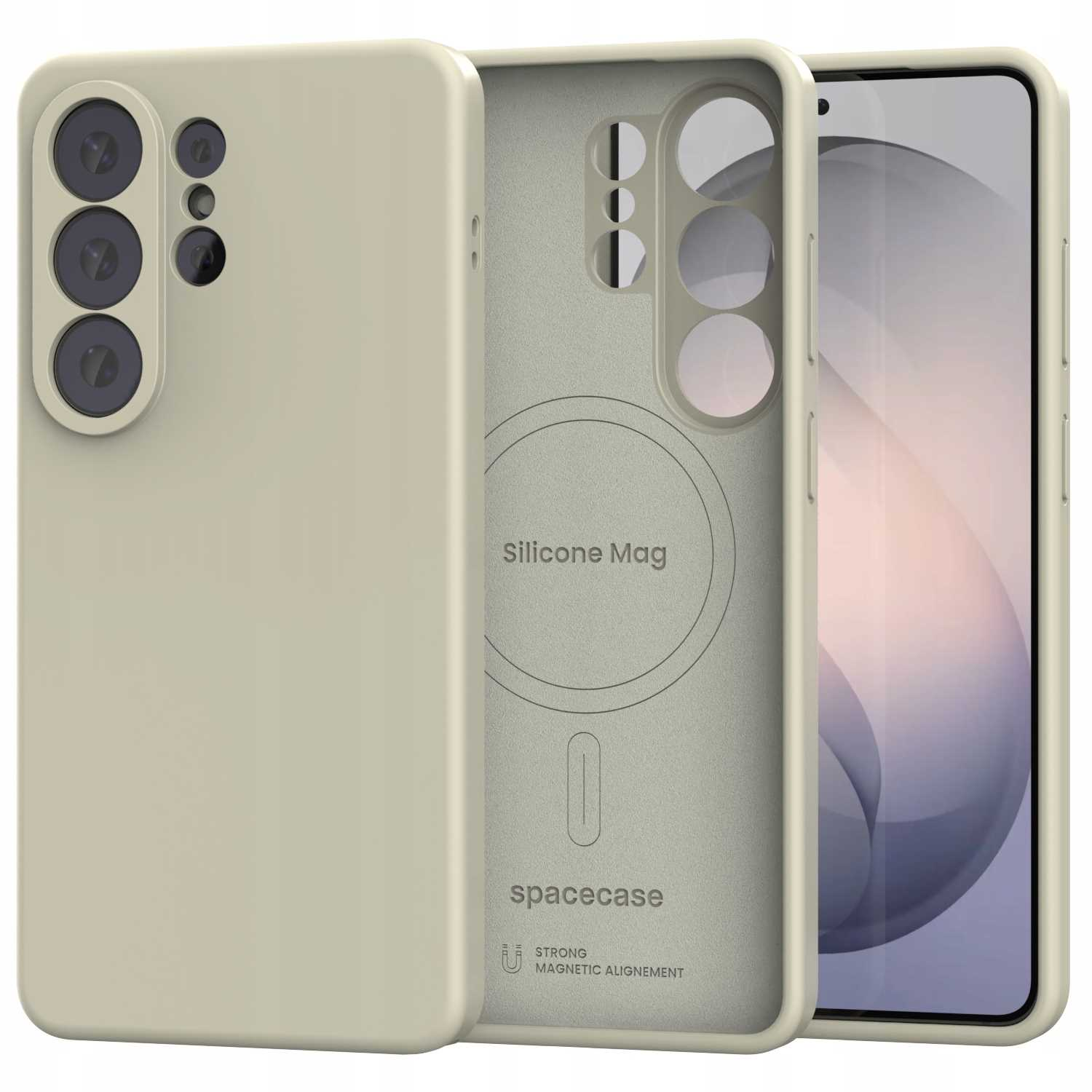 Beżowe etui na telefon z trzema obiektywami i pierścieniem magnetycznym.