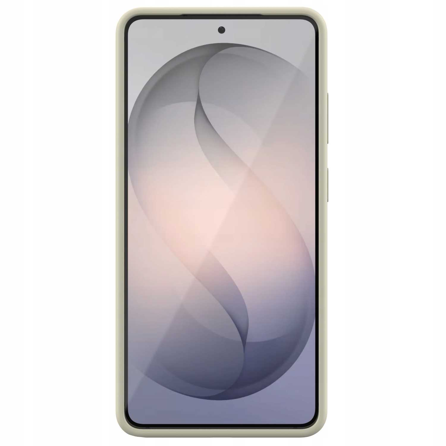 Jasnożółty telefon z abstrakcyjnym szaro-różowym tłem.