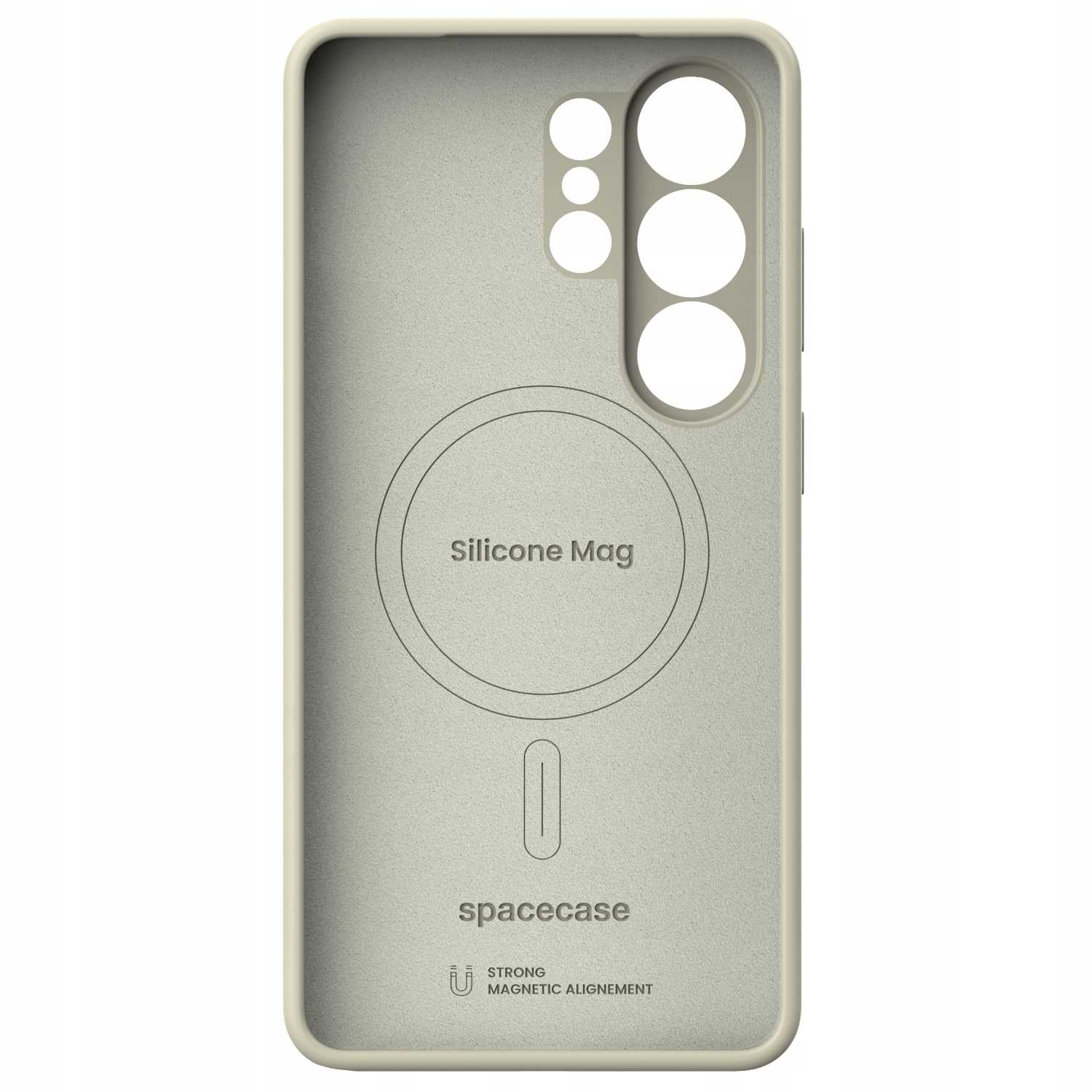 Beżowe etui na telefon z wycięciami na aparat i pierścień magnetyczny.