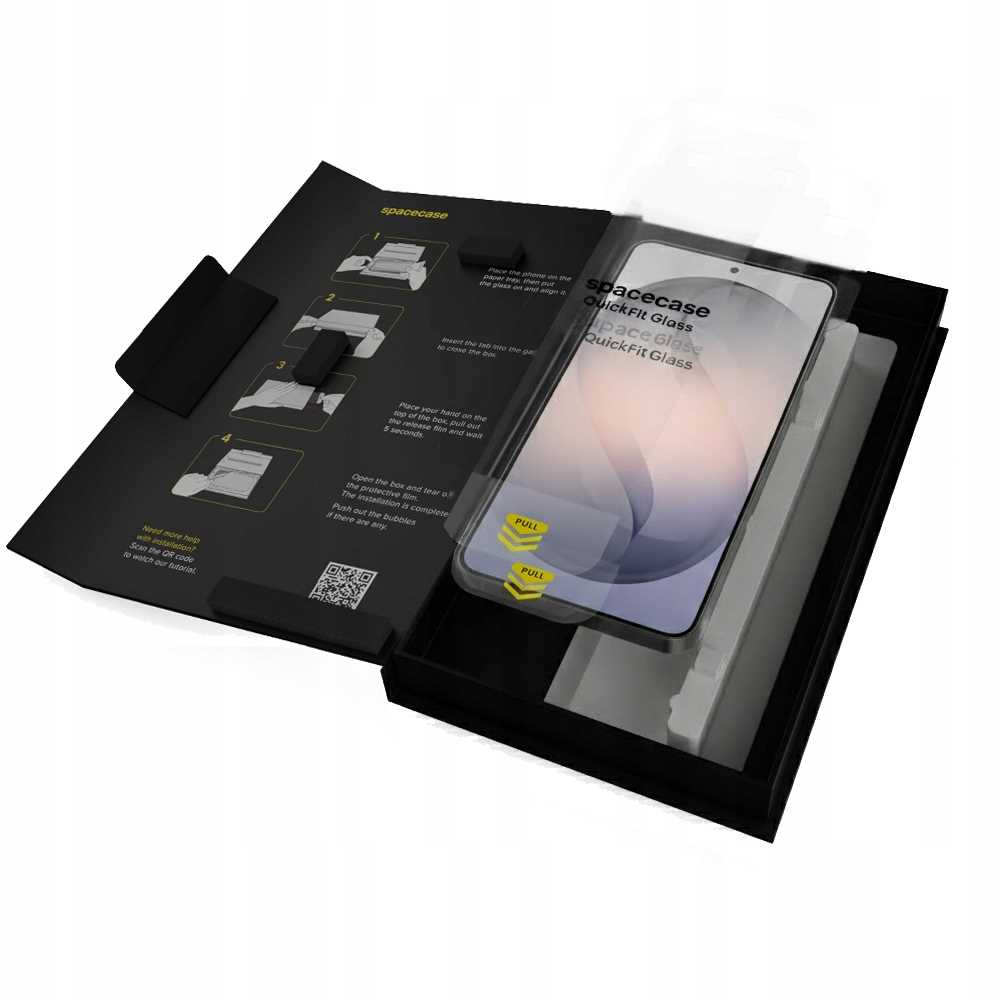 Zestaw do ochrony ekranu smartfona w czarnym pudełku z instrukcjami.