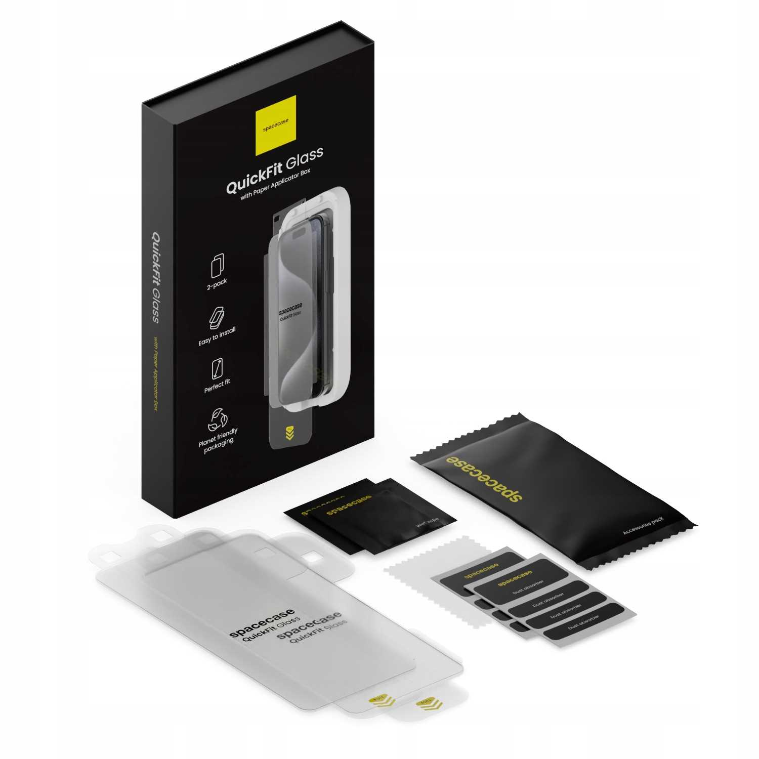 Pudełko Spacecase QuickFit Glass z ochroną ekranu, aplikatorem, chusteczkami i pochłaniaczami kurzu.