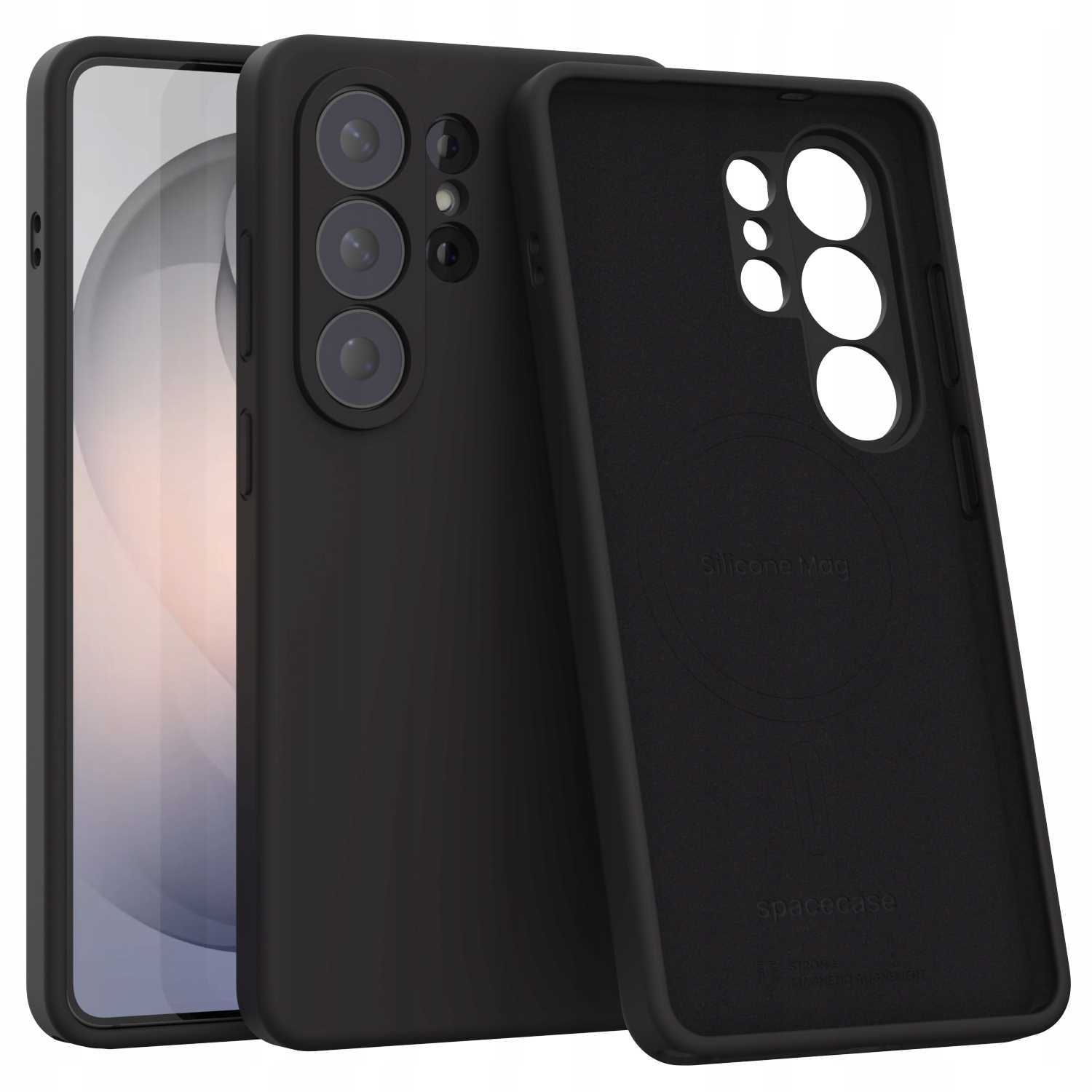 Czarny smartfon z etui, tył pokazuje trzy aparaty.