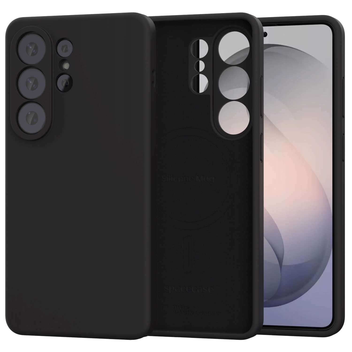 Czarna silikonowa obudowa na telefon z wycięciami na aparat i wewnętrznym pierścieniem.