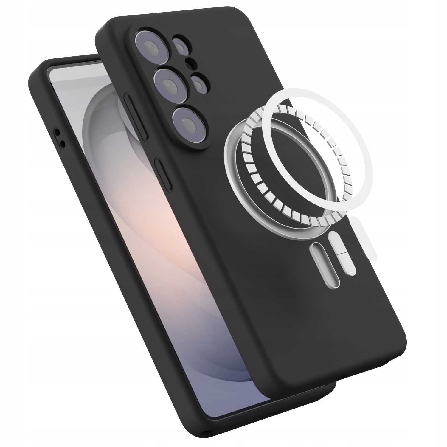 Czarne etui na telefon z magnetycznym uchwytem pierścieniowym i osłoną aparatu.