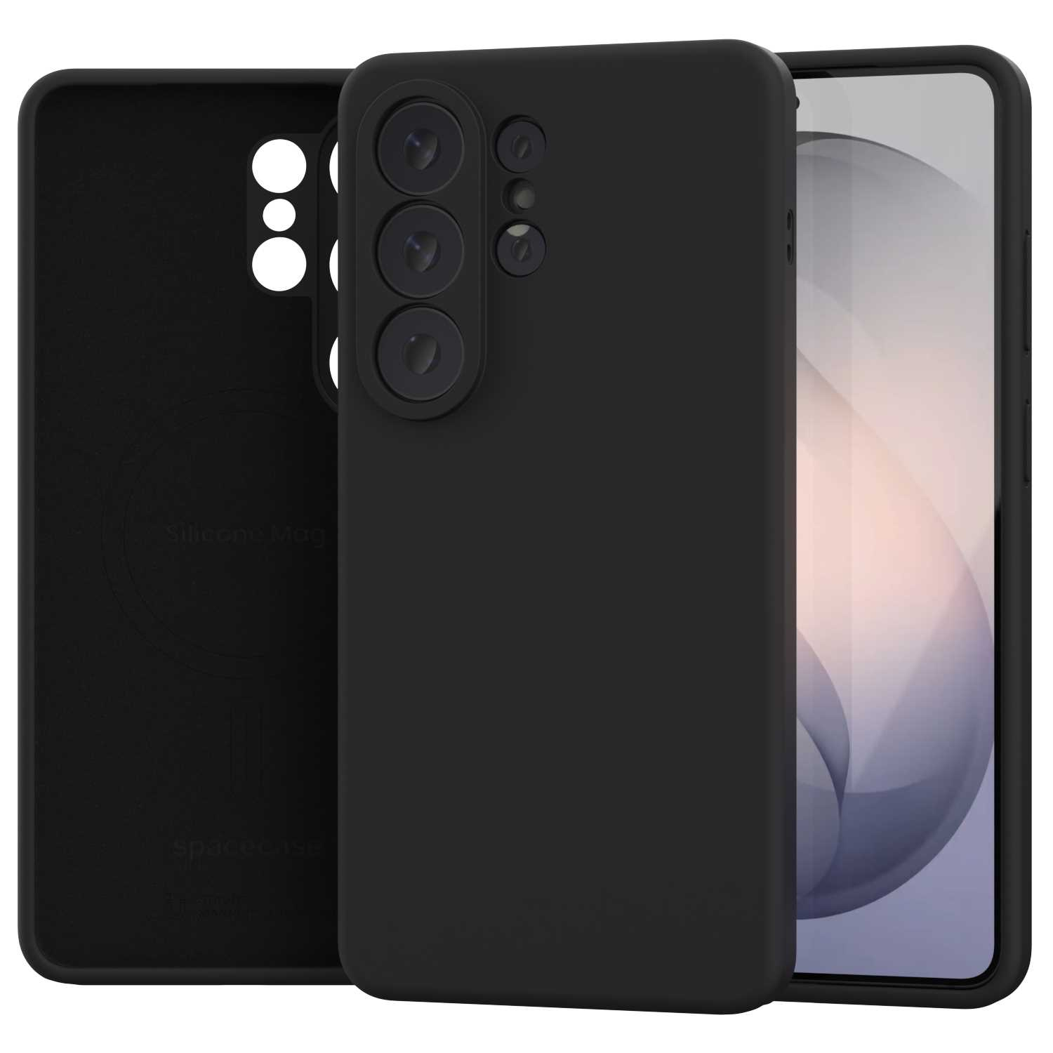 Czarne etui na telefon z wycięciem na aparat i telefonem z jasnym ekranem.