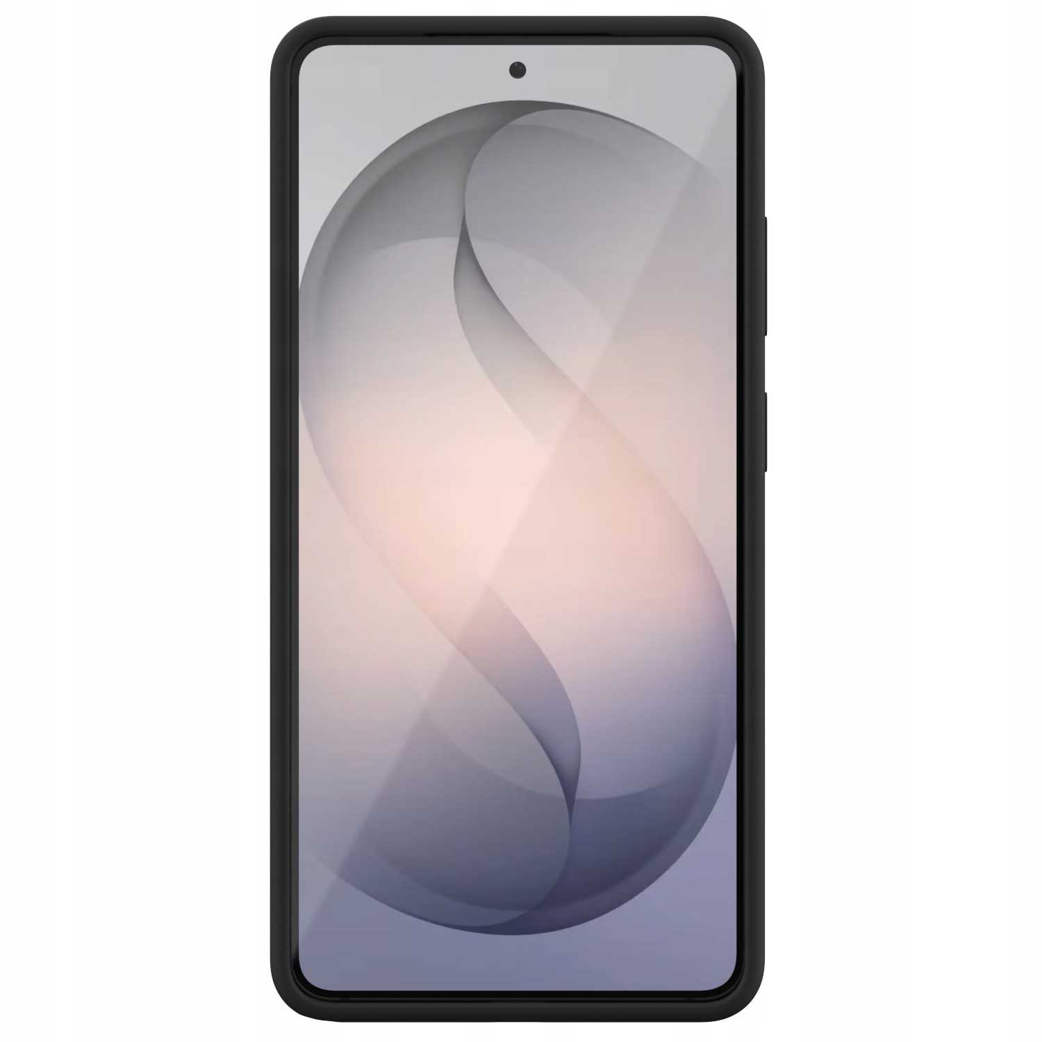 Czarny smartfon z abstrakcyjnym szaro-różowym tłem na ekranie.