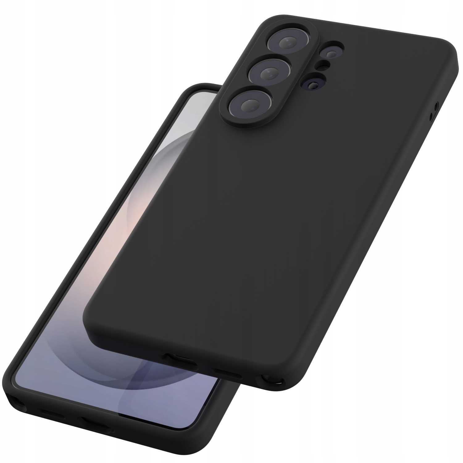 Czarny smartfon z potrójnym aparatem z tyłu, leżący na białej powierzchni.